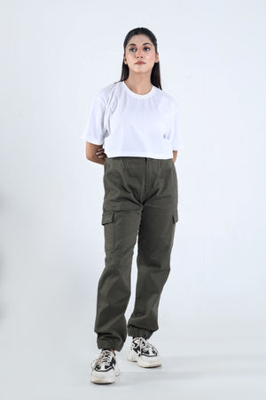 Women's Cargo Trouser Army Green Elastic Waist Cargo Pant