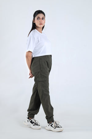 Women's Cargo Trouser Army Green Elastic Waist Cargo Pant