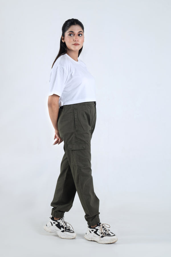 Women's Cargo Trouser Army Green Elastic Waist Cargo Pant