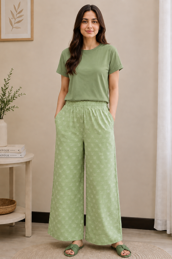 Women Loungewear Butterfly mint  Wide Leg Pajamas | 100% Cotton