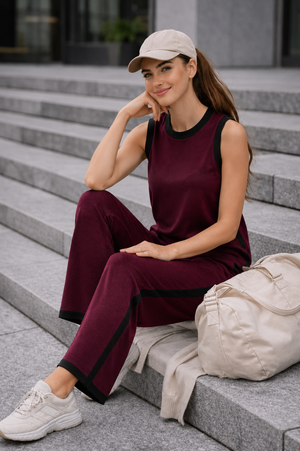 Women Contrast Trim Sleeveless Co-Ord Set- Wine