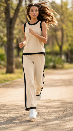 Women Contrast Trim Sleeveless Co-Ord Set- Beige