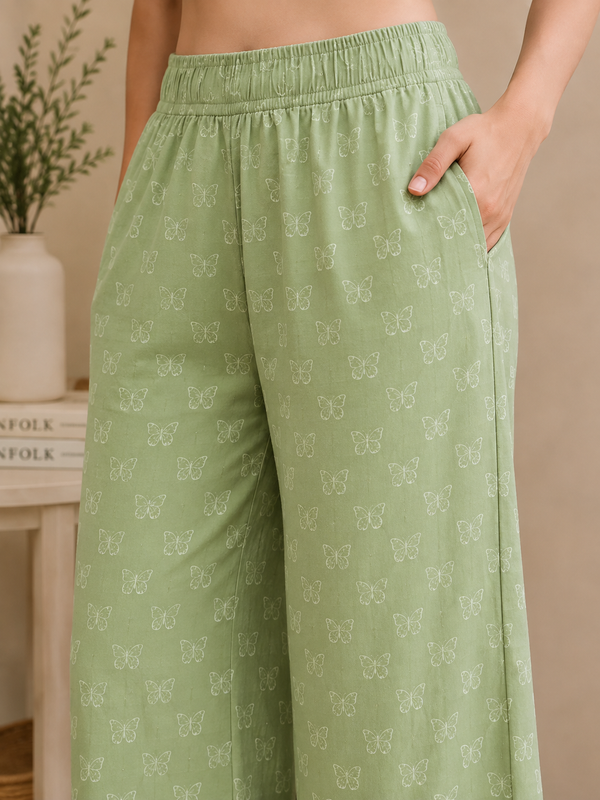 Women Loungewear Butterfly mint  Wide Leg Pajamas | 100% Cotton