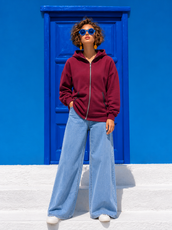 Women Zipper Hoodie  -Wine