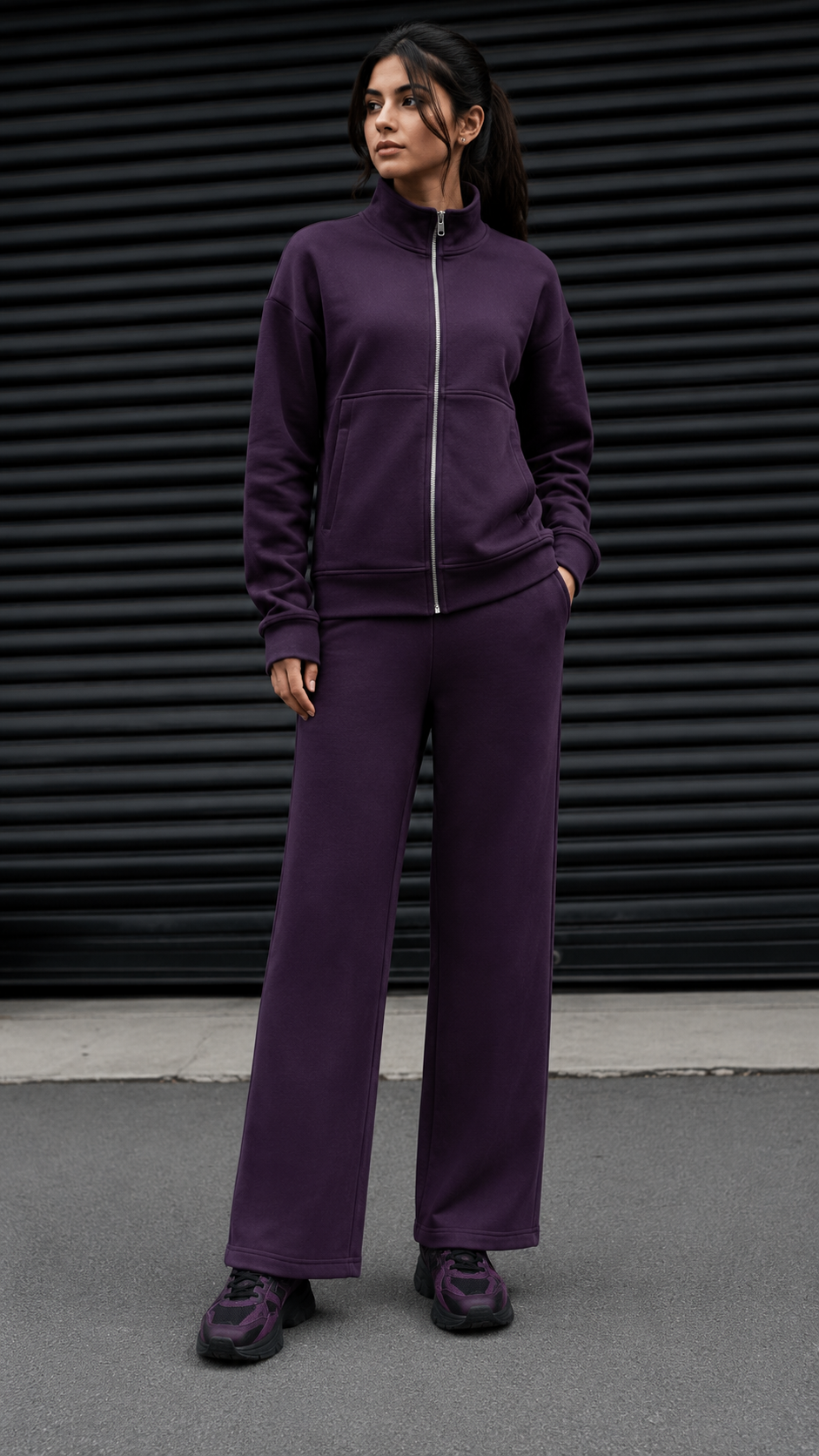 Women Loungewear Zipper Coord Set - Plum