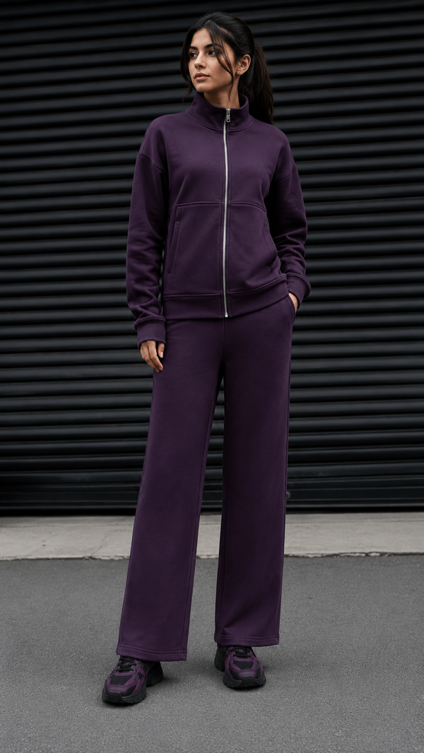 Women Loungewear Zipper Coord Set - Plum