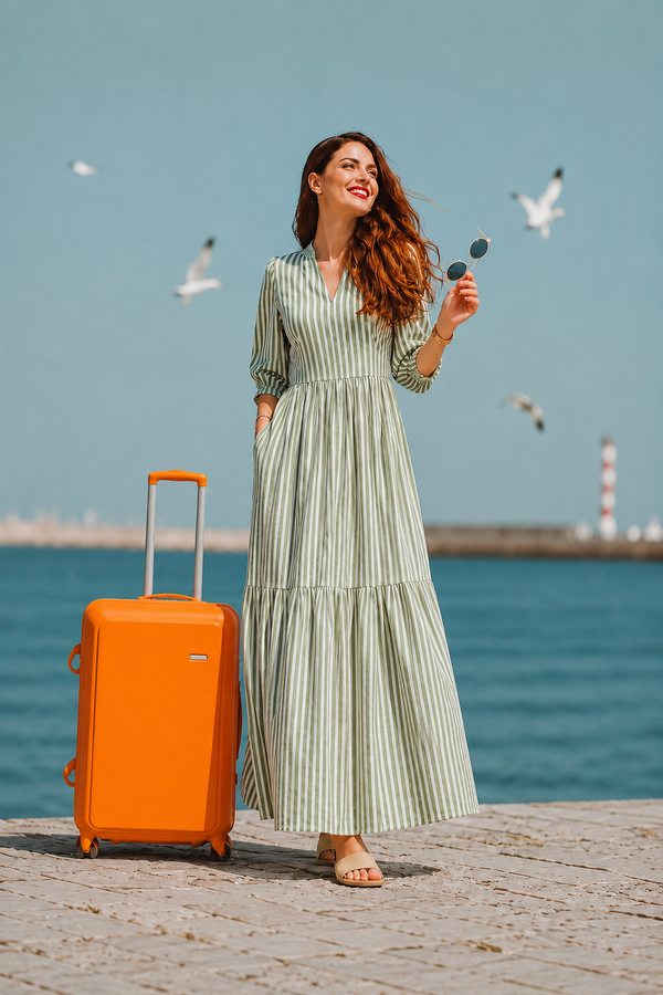 Women Long Frock - Green Stripe
