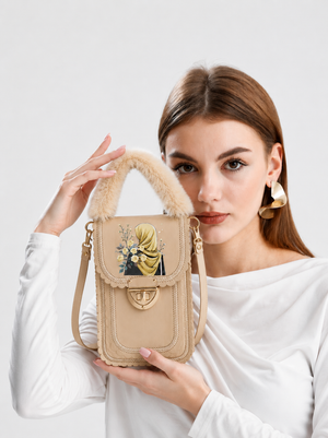 Fur Handle Mobile Pouch Bag – Beige