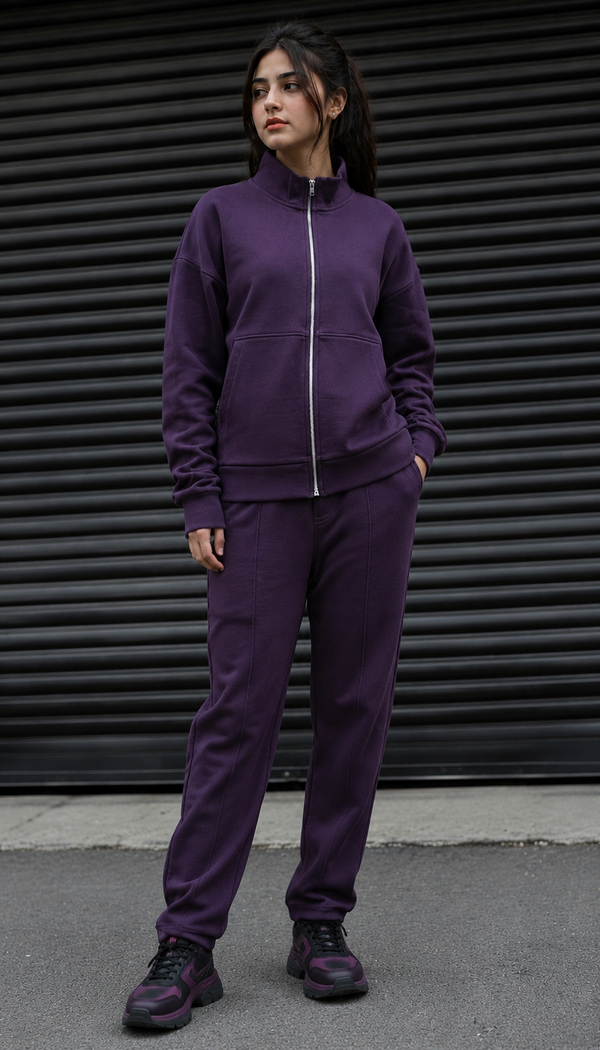 Women Loungewear Zipper Coord Set - Plum