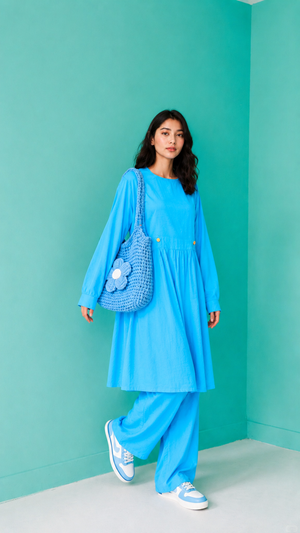 Women 2PC Long Frock -Aqua Blue