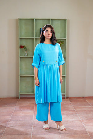 Women 2PC Long Frock -Aqua Blue