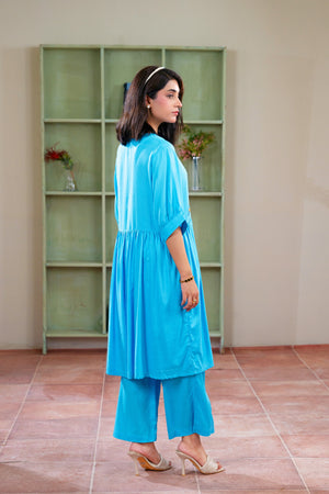 Women 2PC Long Frock -Aqua Blue