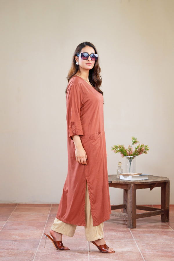 Women Classic Loungewear Long Top - Woody Brown