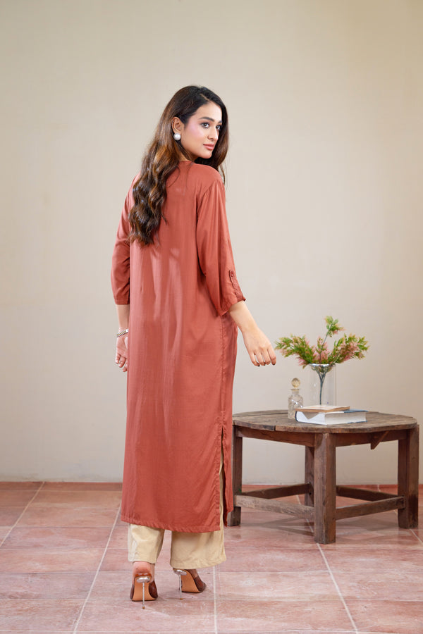 Women Classic Loungewear Long Top - Woody Brown