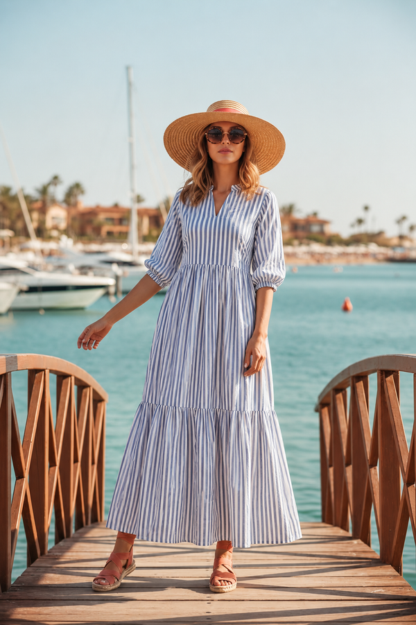 Women Long Frock - Sky Stripe