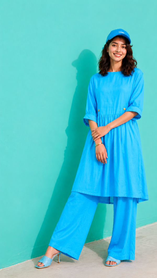Women 2PC Long Frock -Aqua Blue
