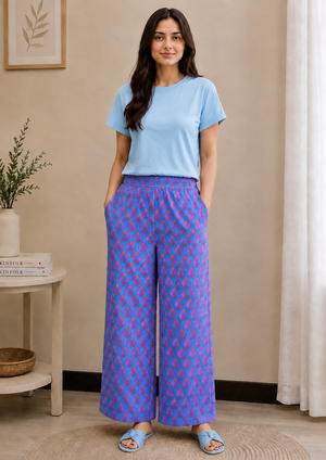 Women Loungwear Wide Leg Pajamas | 100% Cotton Pink Feathers