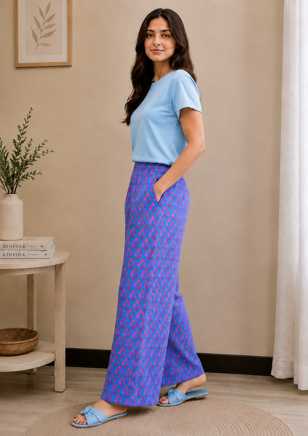 Women Loungwear Wide Leg Pajamas | 100% Cotton Pink Feathers