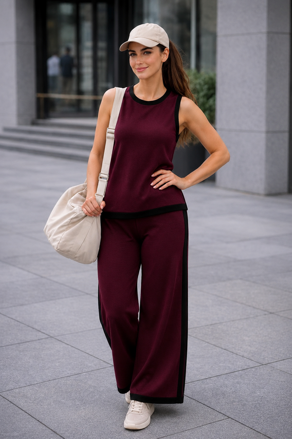 Women Contrast Trim Sleeveless Co-Ord Set- Wine