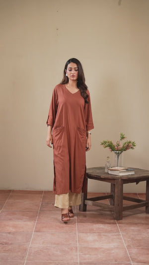 Women Classic Loungewear Long Top - Woody Brown