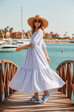 Women Long Frock - Sky Stripe